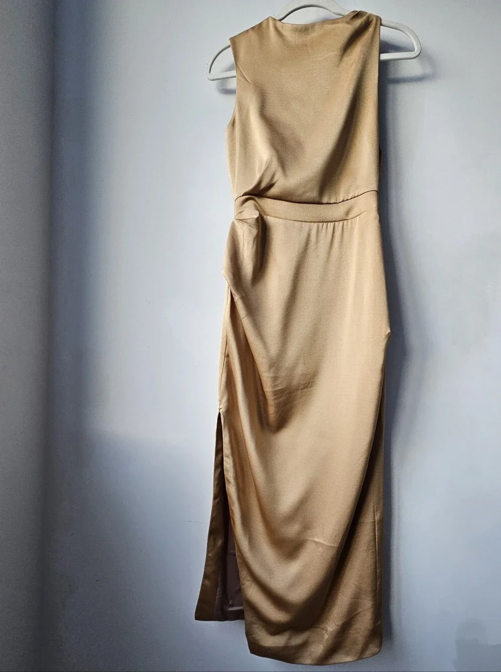 Friend Of Audrey Australia Gold Rouched Satin Asymmetric Sleeveless Midi Dress